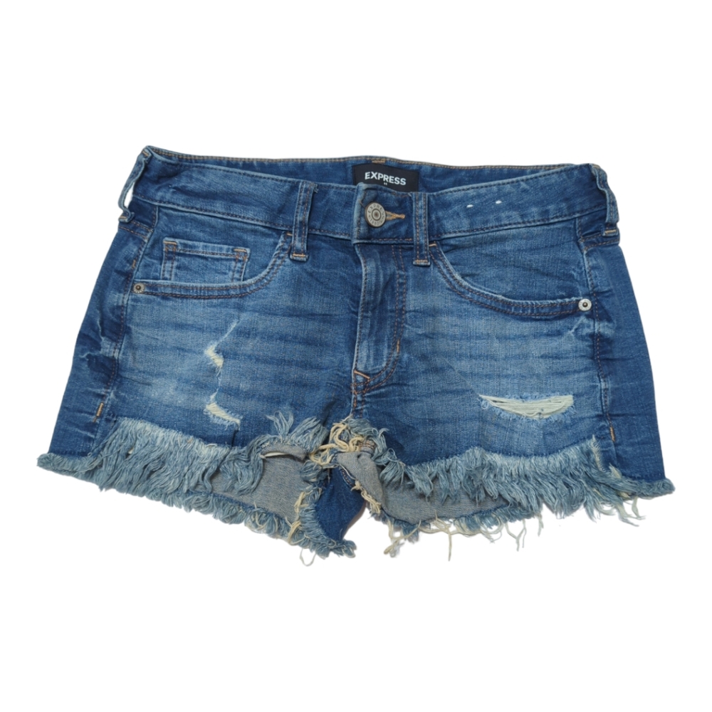 Express Stretch Shortie Low Rise Casual Medium Wash Denim Jean Shorts Frayed Hem